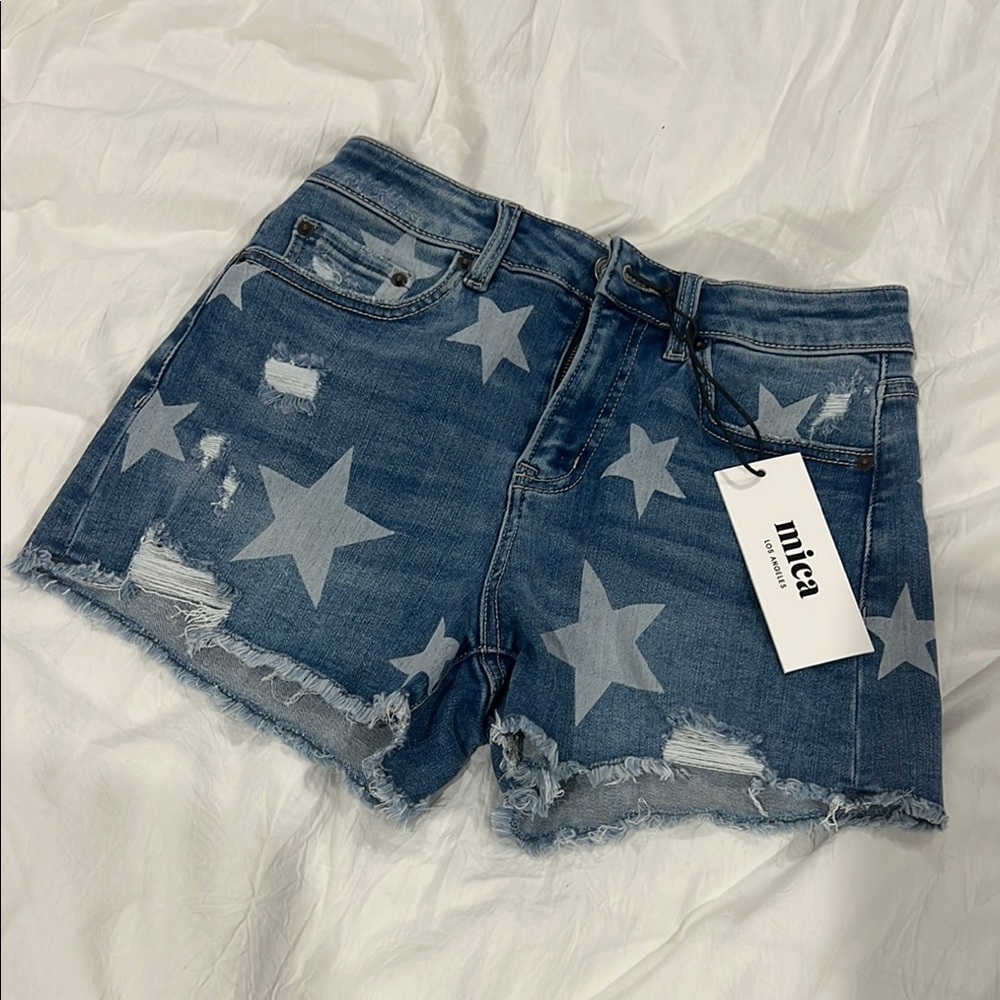 MICA Star-Patterned Distressed Denim Shorts - Small